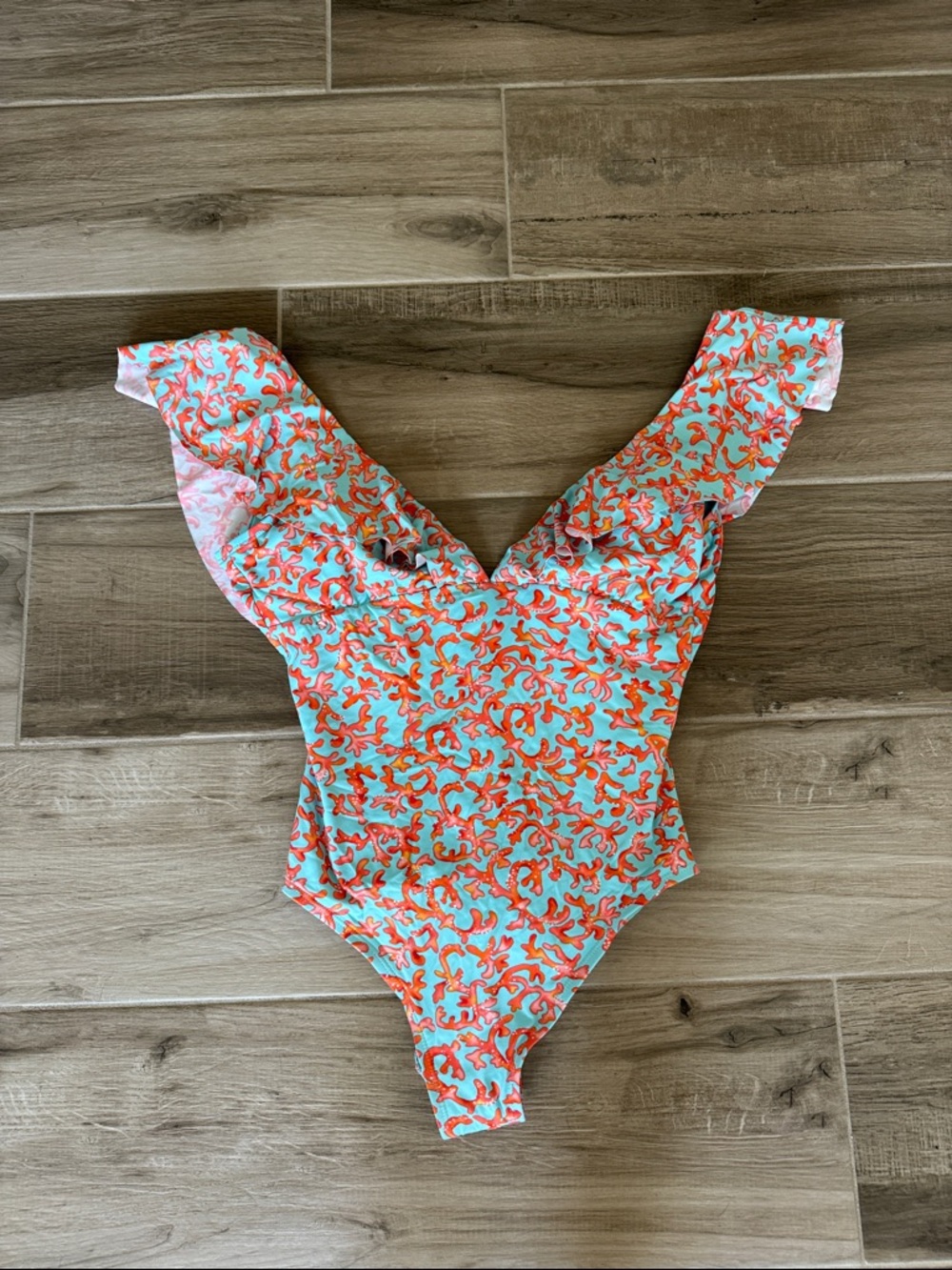 Tommy Bahama 12 flounce ruffle bodice coral print one piece swimsuit